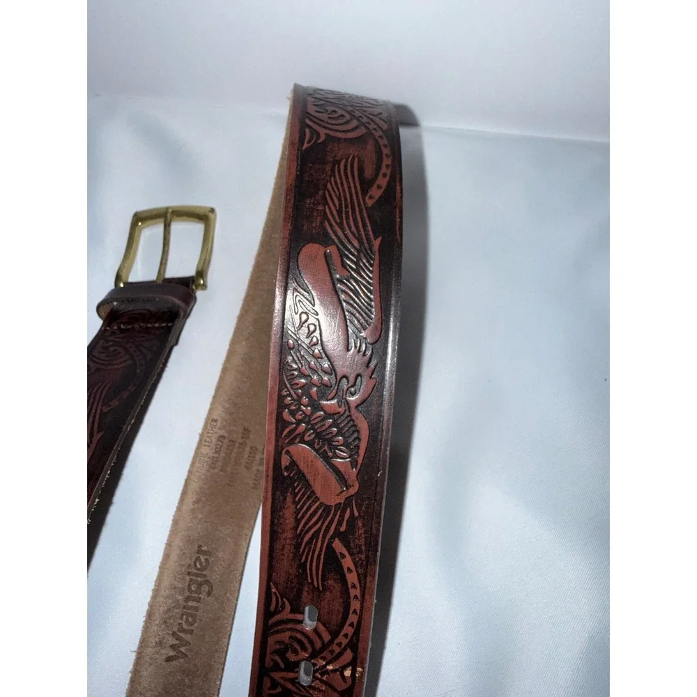 Wrangler Mens Brown Leather Western Eagle Floral Embossed Belt 44 3W06152